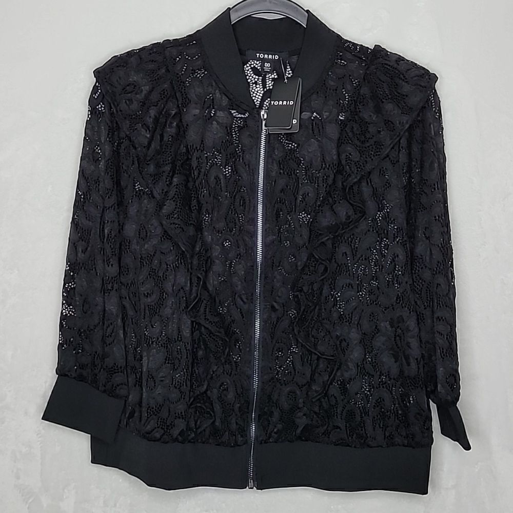 TORRID Long Sleeve Ruffle Lace Bomber Black Size 00 M/L